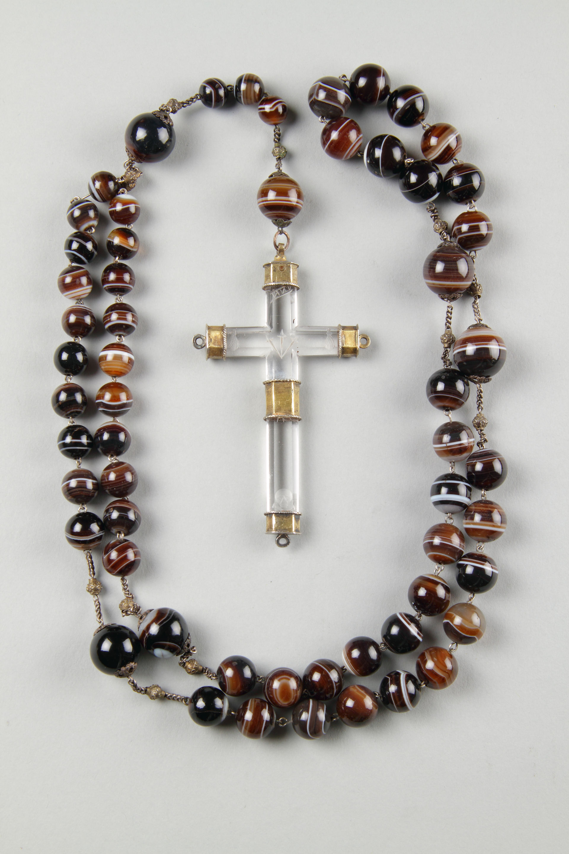 Unusual German Long Banded Agate and Filigree Silver Rosary
